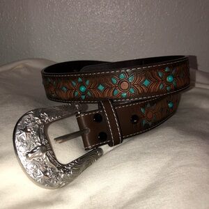 Brown Floral Belt with Silver Buckle
